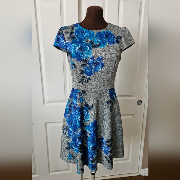 Betsey Johnson Gray and Blue Floral Fit And Flare Dress - Picture 1 of 11